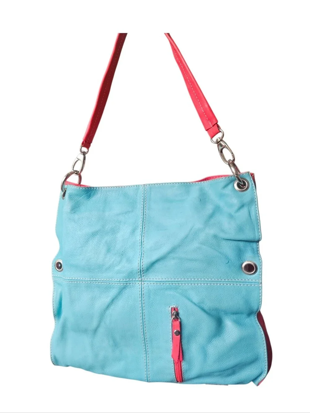 Vera Pella Leather Italy hobo purse Shoulder Bag in Aqua with Pink Accent